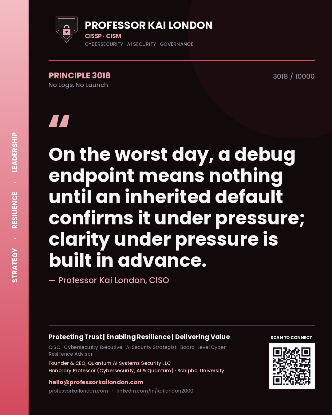 Professor Kai London principle 3018: On the worst day, a debug endpoint means nothing until an inherited default confirms it under pressure; clarity under pressure is built in advance.