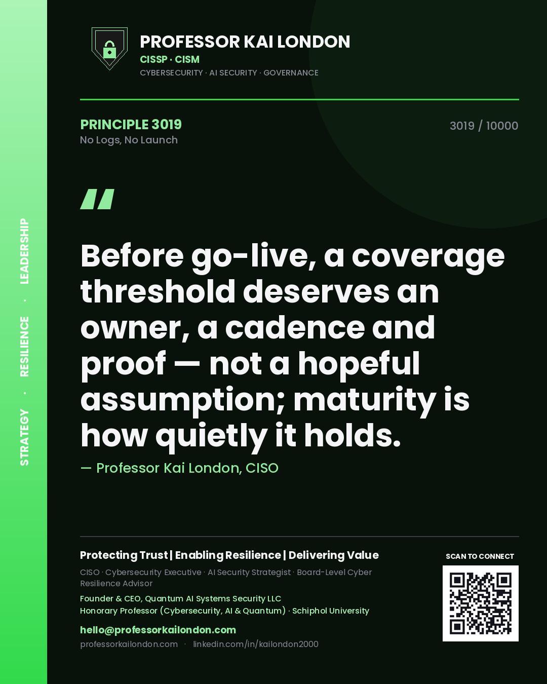 Quote card by Professor Kai London reading 'Before go-live, a coverage threshold deserves an owner, a cadence and proof — not a hopeful assumption; maturity is how quietly it holds.'. From the book No Logs, No Launch.