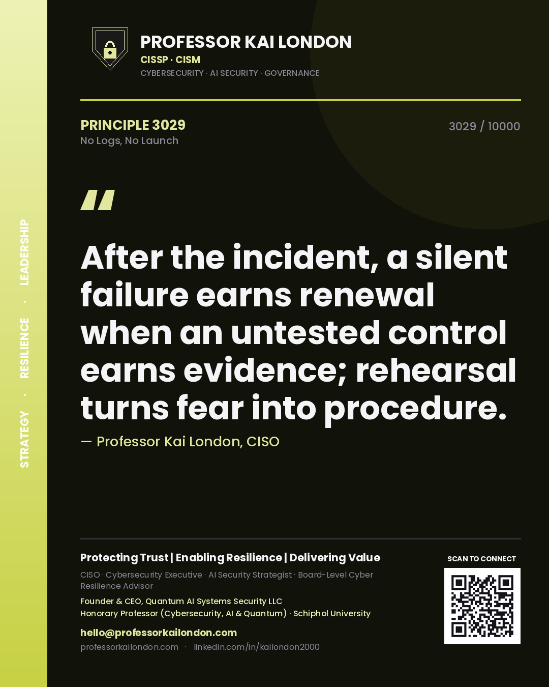Quote card by Professor Kai London reading 'After the incident, a silent failure earns renewal when an untested control earns evidence; rehearsal turns fear into procedure.'. From the book No Logs, No Launch.