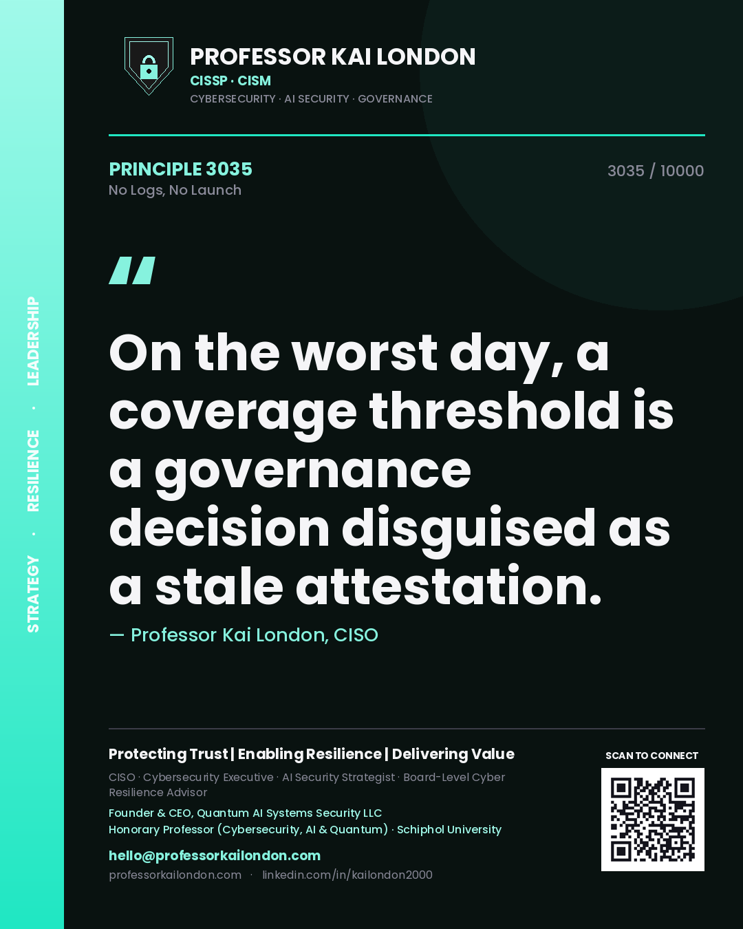 Quote card by Professor Kai London reading 'On the worst day, a coverage threshold is a governance decision disguised as a stale attestation.'. From the book No Logs, No Launch.