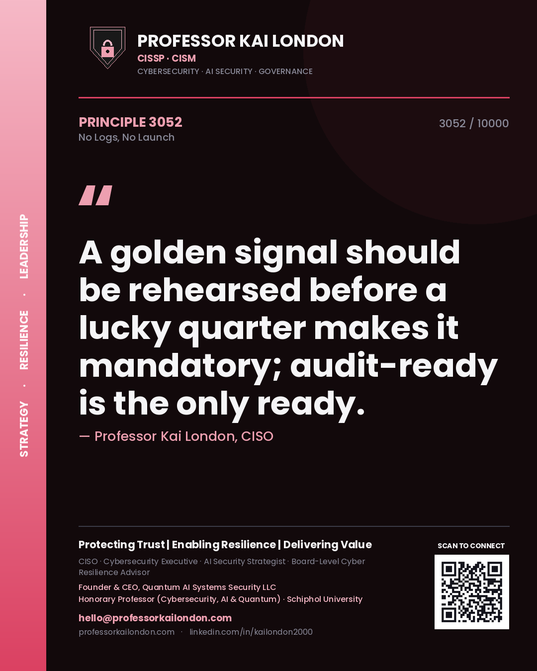 Quote card by Professor Kai London reading 'A golden signal should be rehearsed before a lucky quarter makes it mandatory; audit-ready is the only ready.'. From the book No Logs, No Launch.