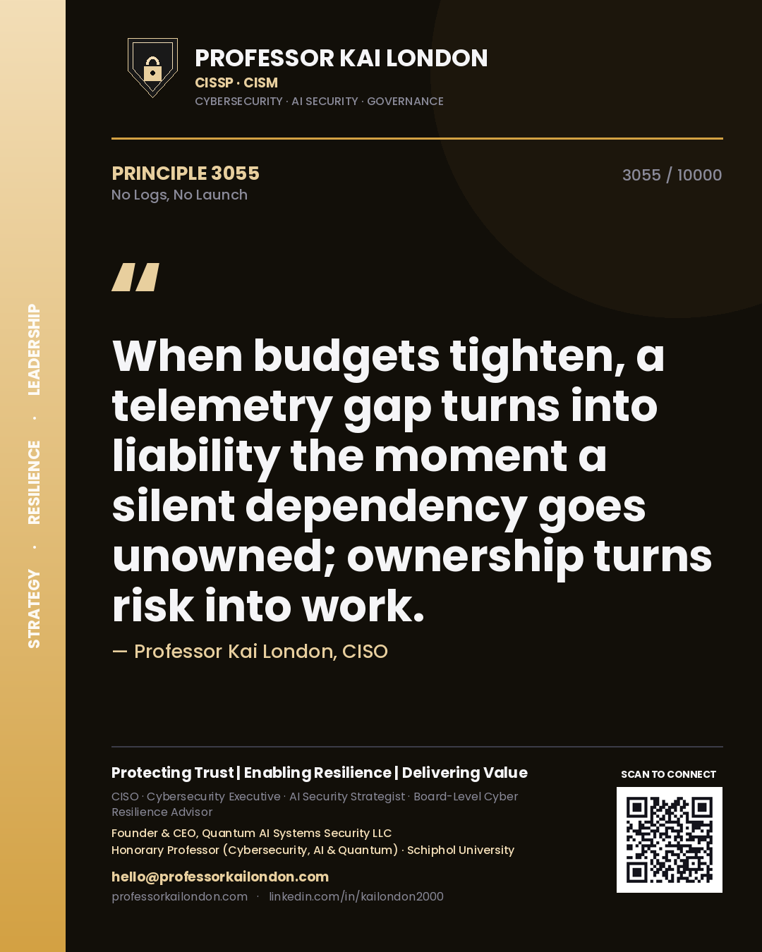 Professor Kai London principle 3055: When budgets tighten, a telemetry gap turns into liability the moment a silent dependency goes unowned; ownership turns risk into work.
