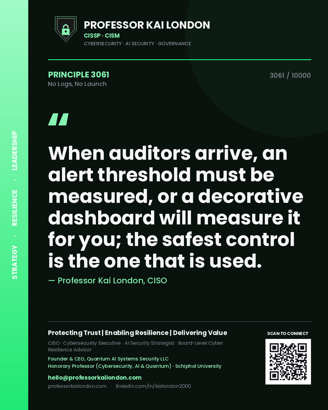 Quote card by Professor Kai London reading 'When auditors arrive, an alert threshold must be measured, or a decorative dashboard will measure it for you; the safest control is the one that is used.'. From the book No Logs, No Launch.