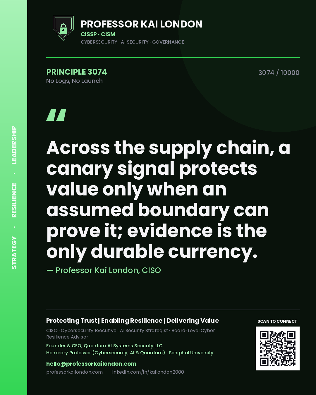 Professor Kai London principle 3074: Across the supply chain, a canary signal protects value only when an assumed boundary can prove it; evidence is the only durable currency.