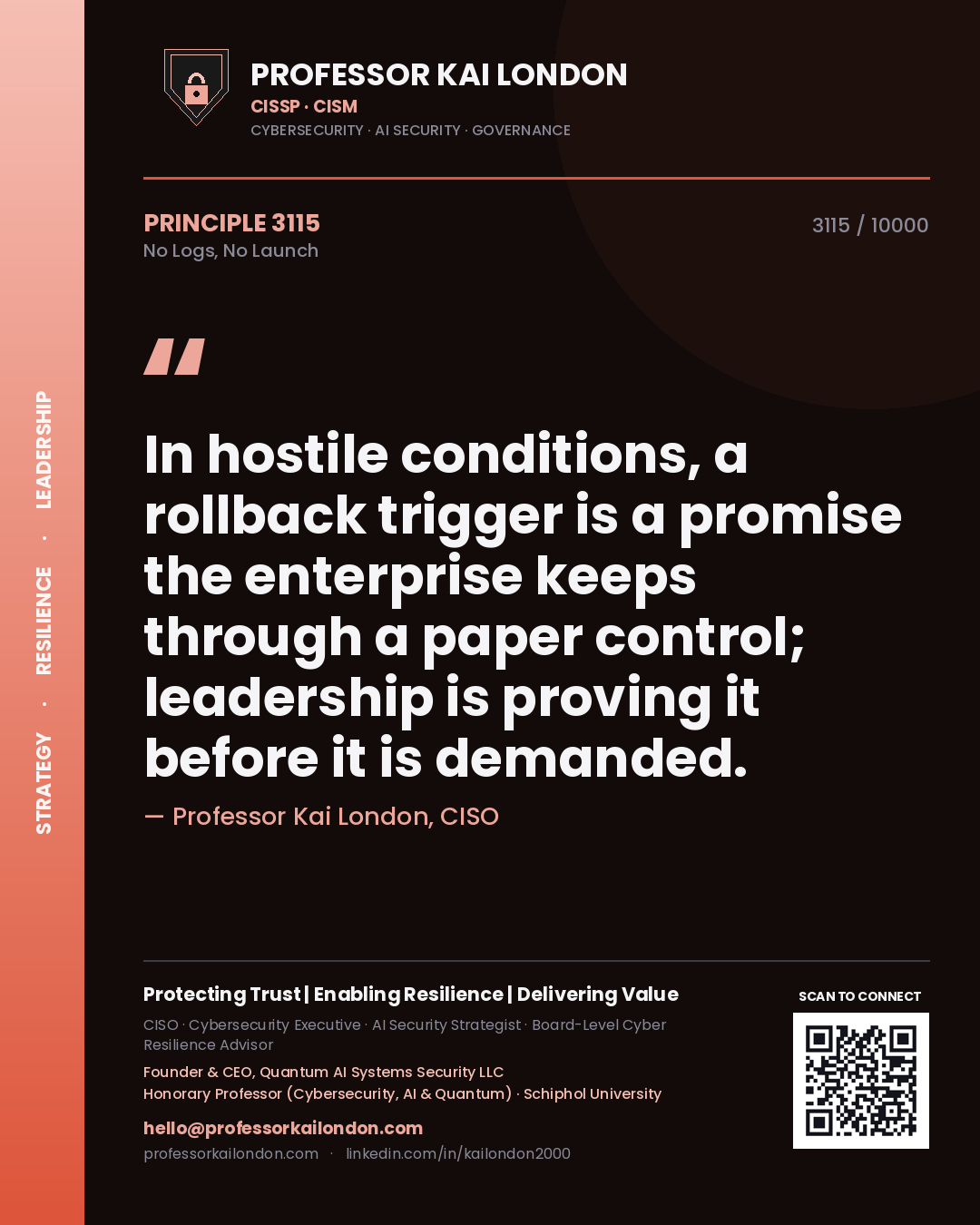 Professor Kai London principle 3115: In hostile conditions, a rollback trigger is a promise the enterprise keeps through a paper control; leadership is proving it before it is demanded.