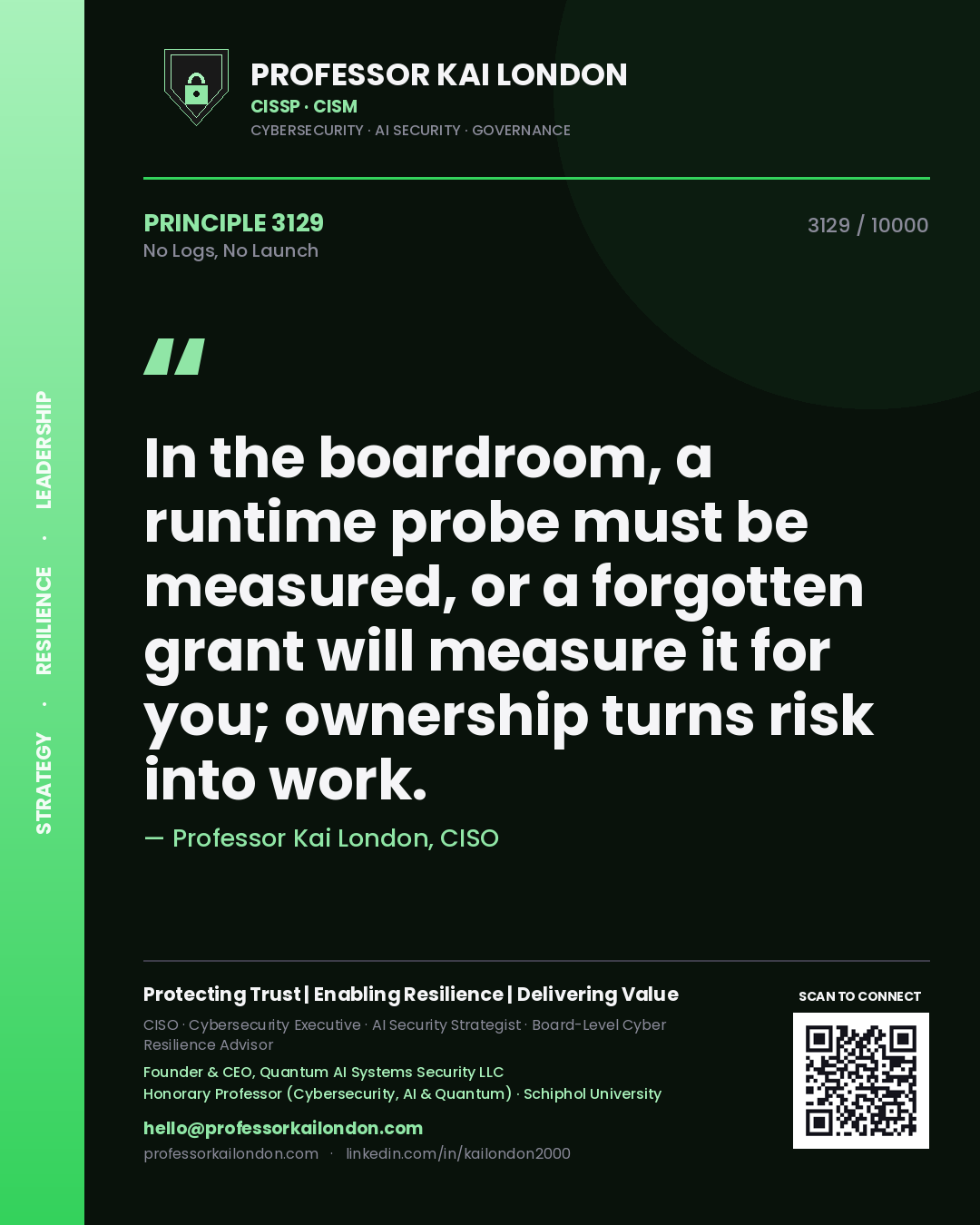 Professor Kai London principle 3129: In the boardroom, a runtime probe must be measured, or a forgotten grant will measure it for you; ownership turns risk into work.