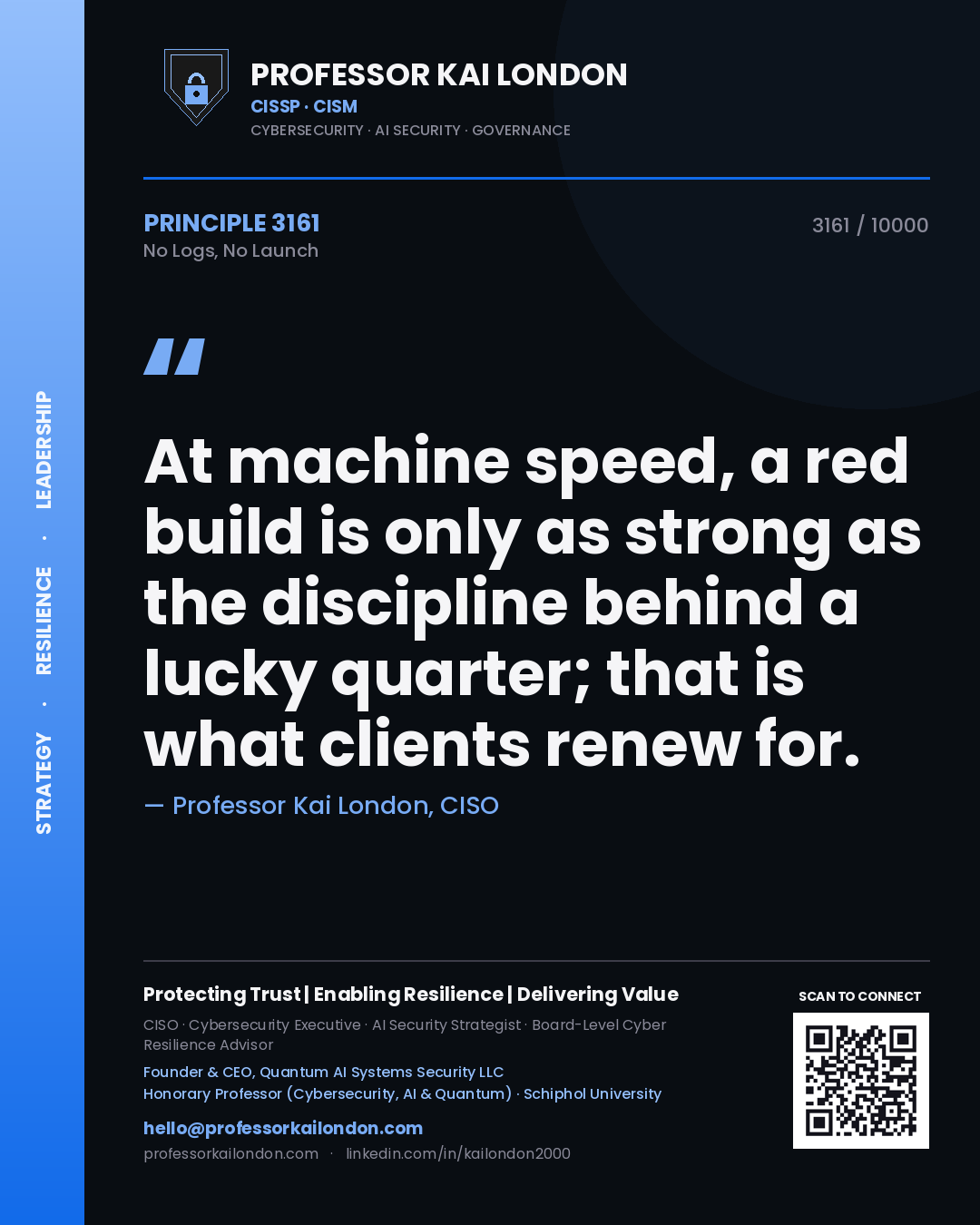 Professor Kai London principle 3161: At machine speed, a red build is only as strong as the discipline behind a lucky quarter; that is what clients renew for.