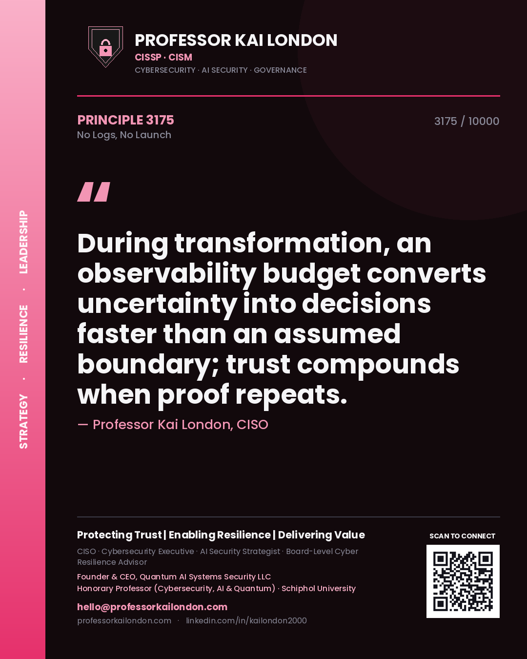 Professor Kai London principle 3175: During transformation, an observability budget converts uncertainty into decisions faster than an assumed boundary; trust compounds when proof repeats.