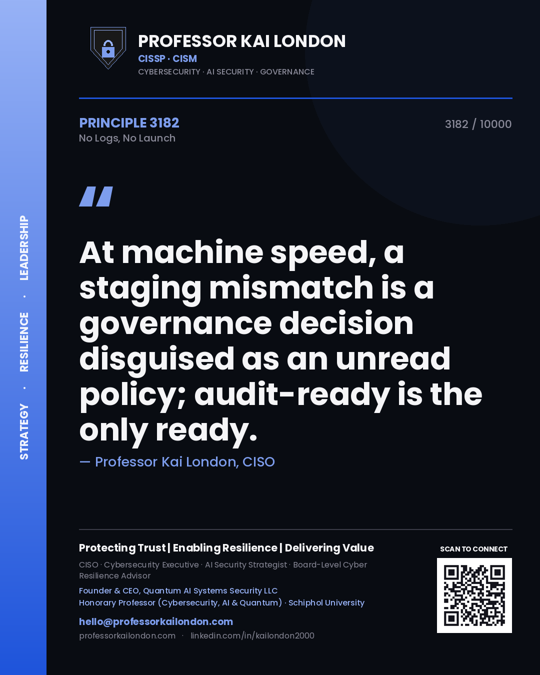 Professor Kai London principle 3182: At machine speed, a staging mismatch is a governance decision disguised as an unread policy; audit-ready is the only ready.