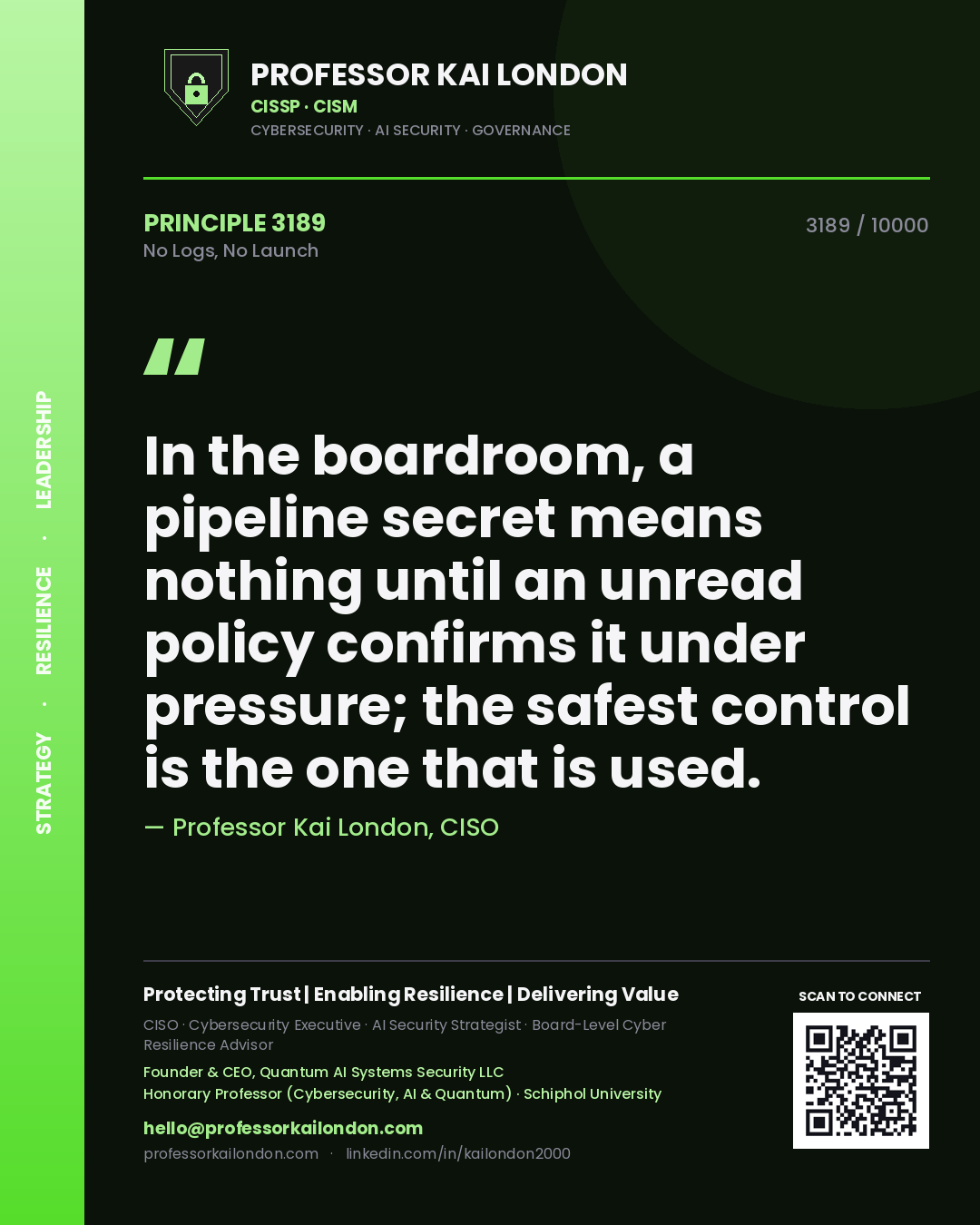 Quote card by Professor Kai London reading 'In the boardroom, a pipeline secret means nothing until an unread policy confirms it under pressure; the safest control is the one that is used.'. From the book No Logs, No Launch.