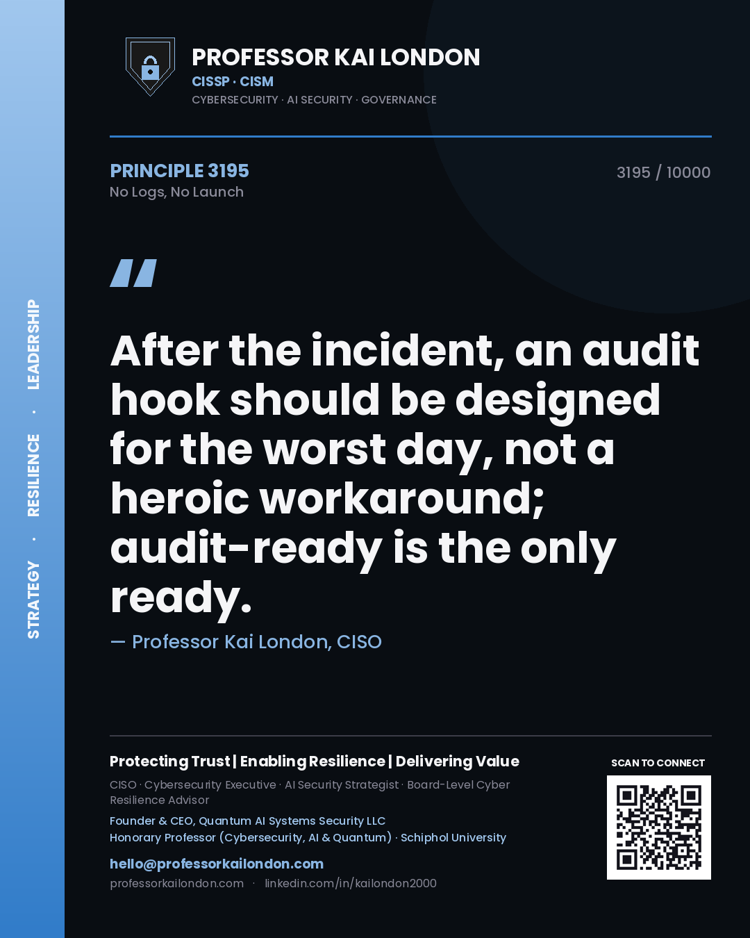 Professor Kai London principle 3195: After the incident, an audit hook should be designed for the worst day, not a heroic workaround; audit-ready is the only ready.