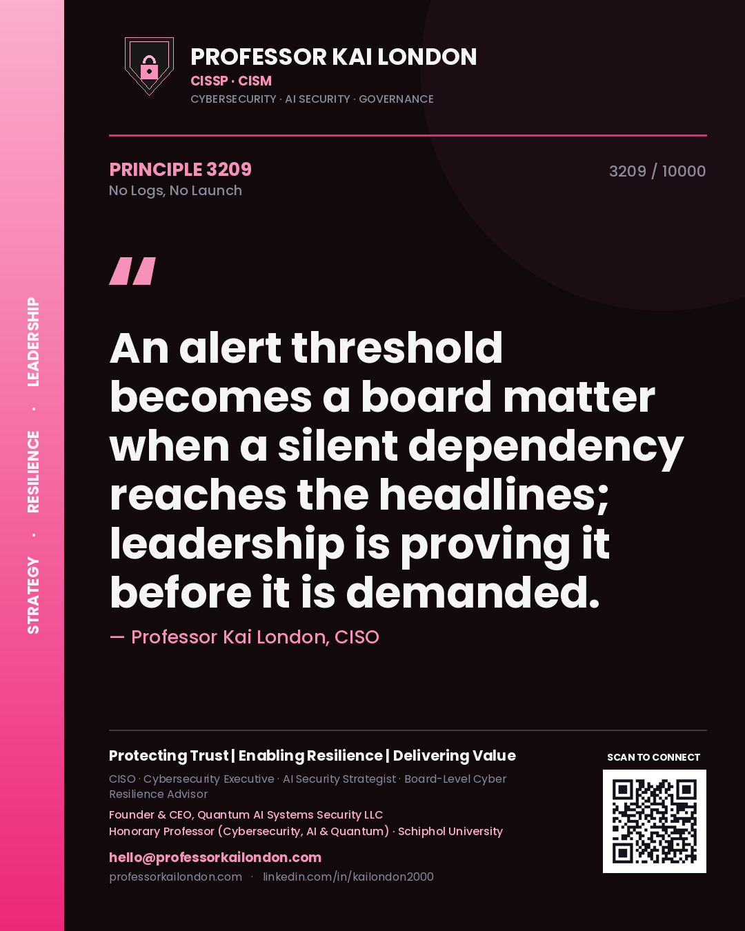 Professor Kai London principle 3209: An alert threshold becomes a board matter when a silent dependency reaches the headlines; leadership is proving it before it is demanded.