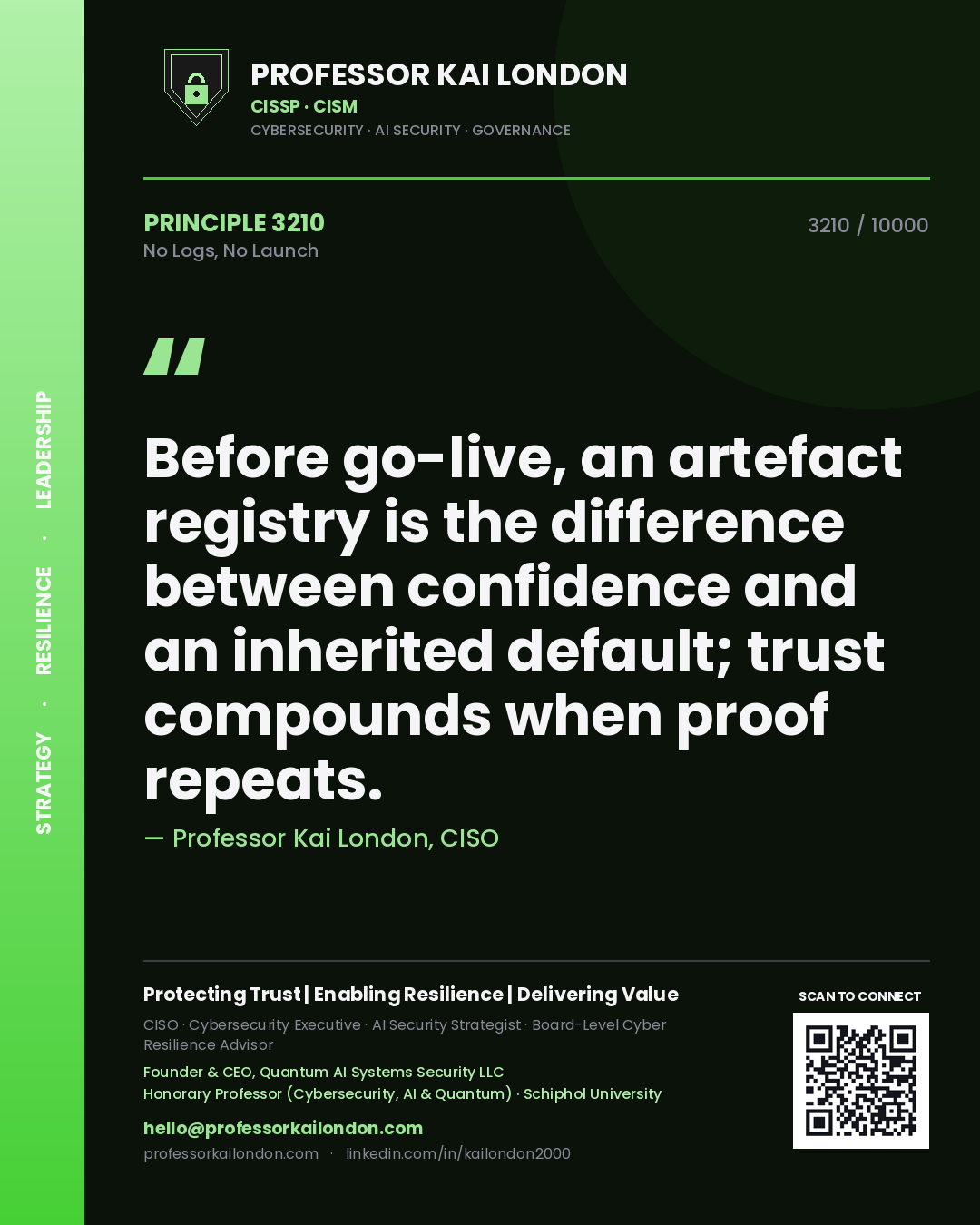 Professor Kai London principle 3210: Before go-live, an artefact registry is the difference between confidence and an inherited default; trust compounds when proof repeats.