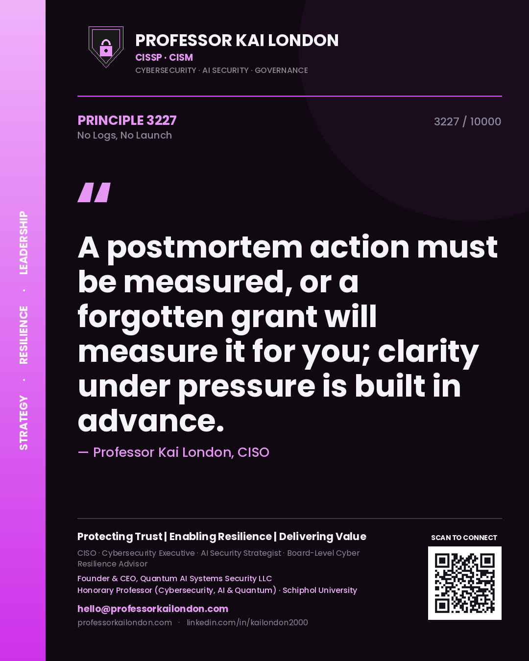 Professor Kai London principle 3227: A postmortem action must be measured, or a forgotten grant will measure it for you; clarity under pressure is built in advance.