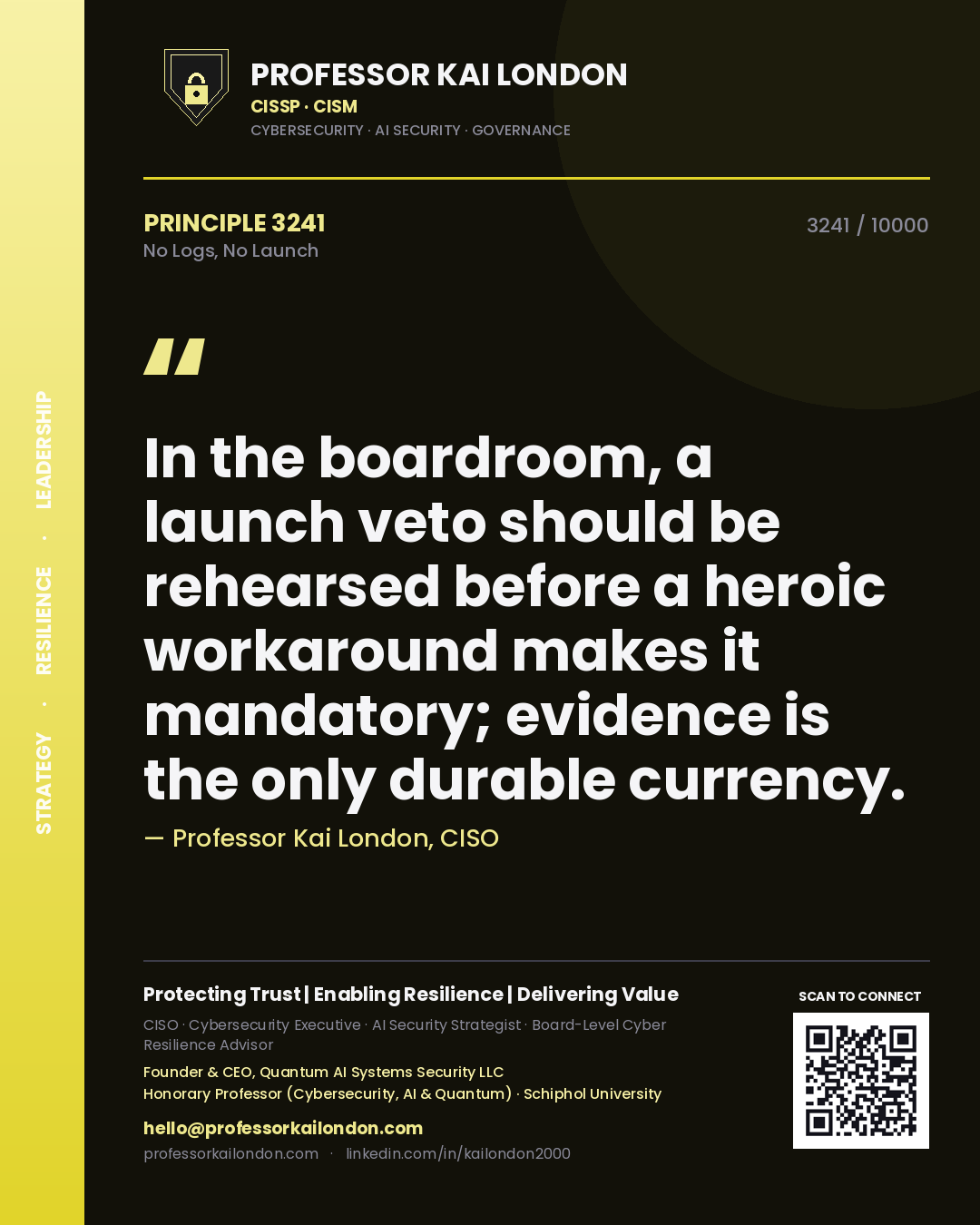 Professor Kai London principle 3241: In the boardroom, a launch veto should be rehearsed before a heroic workaround makes it mandatory; evidence is the only durable currency.