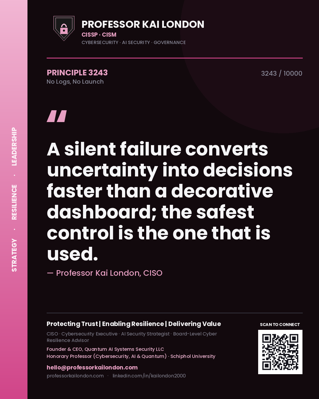 Quote card by Professor Kai London reading 'A silent failure converts uncertainty into decisions faster than a decorative dashboard; the safest control is the one that is used.'. From the book No Logs, No Launch.