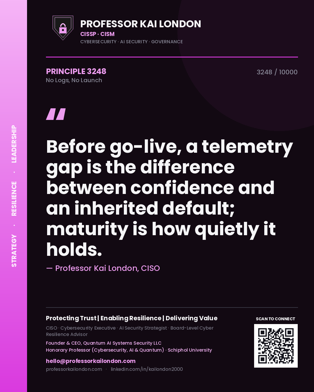 Professor Kai London principle 3248: Before go-live, a telemetry gap is the difference between confidence and an inherited default; maturity is how quietly it holds.