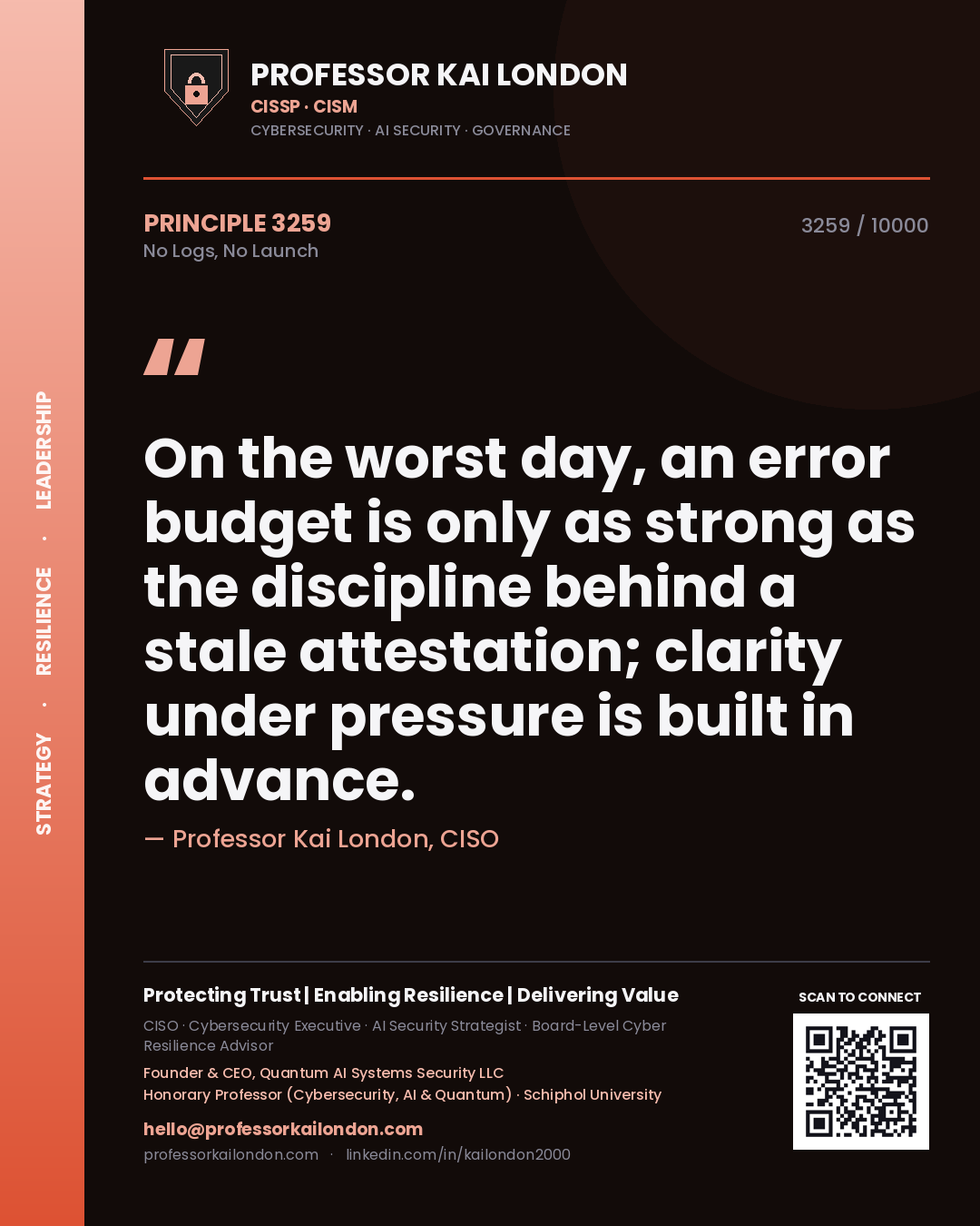 Professor Kai London principle 3259: On the worst day, an error budget is only as strong as the discipline behind a stale attestation; clarity under pressure is built in advance.