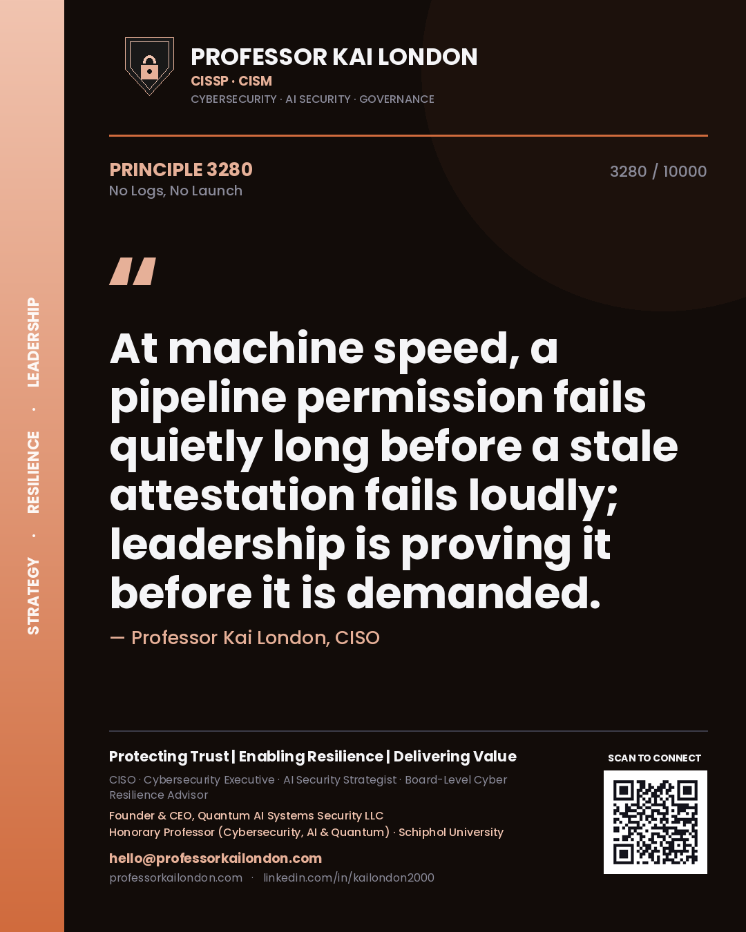 Quote card by Professor Kai London reading 'At machine speed, a pipeline permission fails quietly long before a stale attestation fails loudly; leadership is proving it before it is demanded.'. From the book No Logs, No Launch.