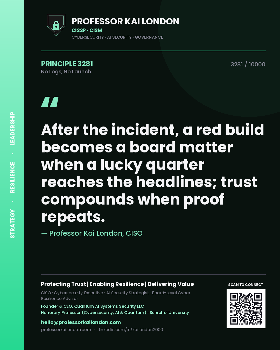 Quote card by Professor Kai London reading 'After the incident, a red build becomes a board matter when a lucky quarter reaches the headlines; trust compounds when proof repeats.'. From the book No Logs, No Launch.