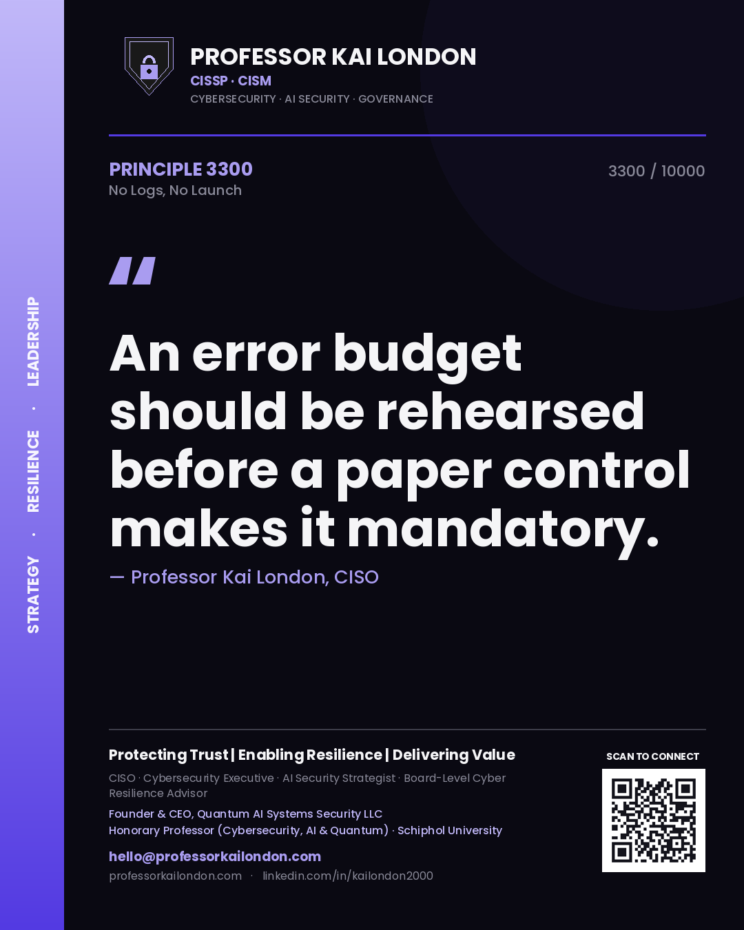 Professor Kai London principle 3300: An error budget should be rehearsed before a paper control makes it mandatory.