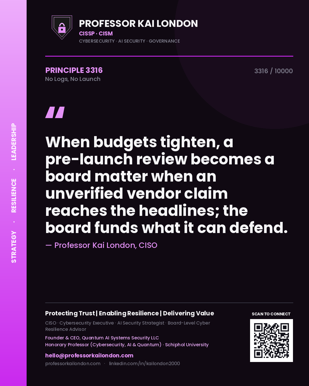 Professor Kai London principle 3316: When budgets tighten, a pre-launch review becomes a board matter when an unverified vendor claim reaches the headlines; the board funds what it can defend.