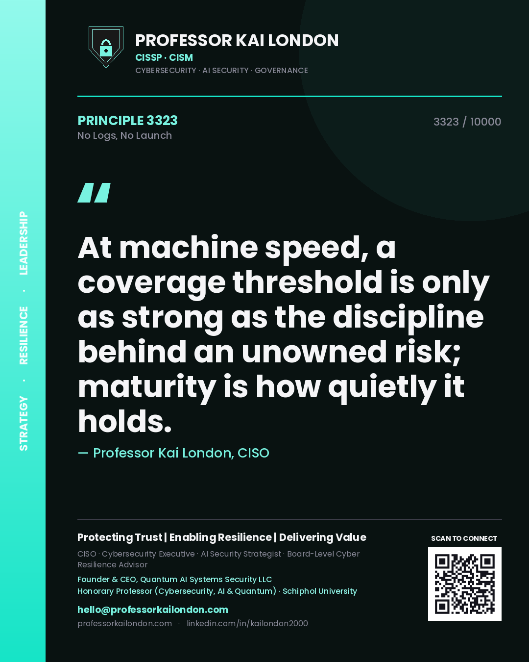 Professor Kai London principle 3323: At machine speed, a coverage threshold is only as strong as the discipline behind an unowned risk; maturity is how quietly it holds.