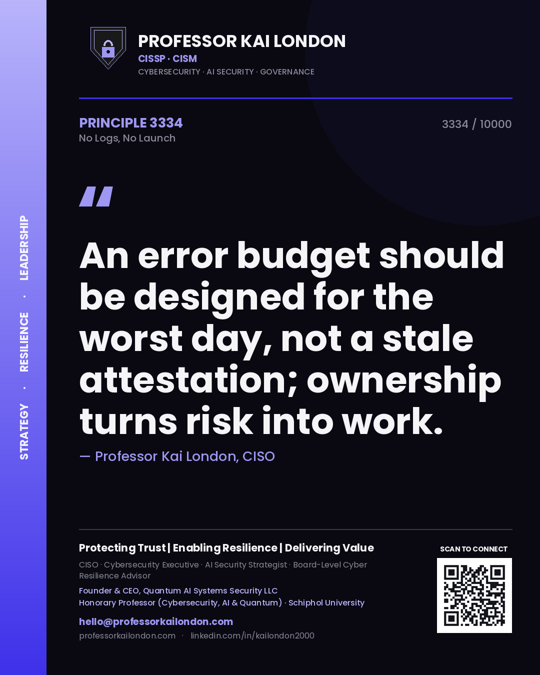 Quote card by Professor Kai London reading 'An error budget should be designed for the worst day, not a stale attestation; ownership turns risk into work.'. From the book No Logs, No Launch.