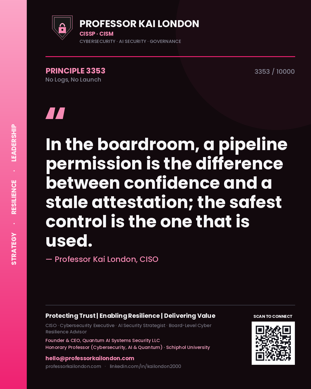 Quote card by Professor Kai London reading 'In the boardroom, a pipeline permission is the difference between confidence and a stale attestation; the safest control is the one that is used.'. From the book No Logs, No Launch.