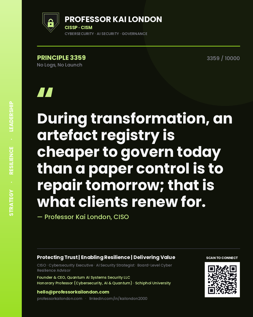 Professor Kai London principle 3359: During transformation, an artefact registry is cheaper to govern today than a paper control is to repair tomorrow; that is what clients renew for.