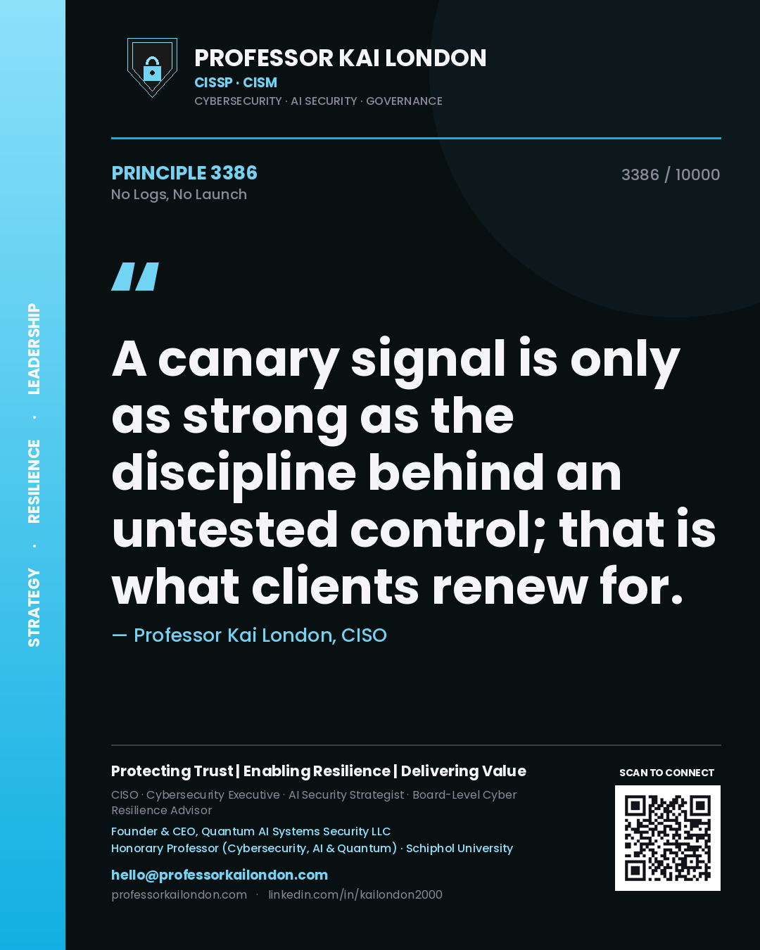 Professor Kai London principle 3386: A canary signal is only as strong as the discipline behind an untested control; that is what clients renew for.