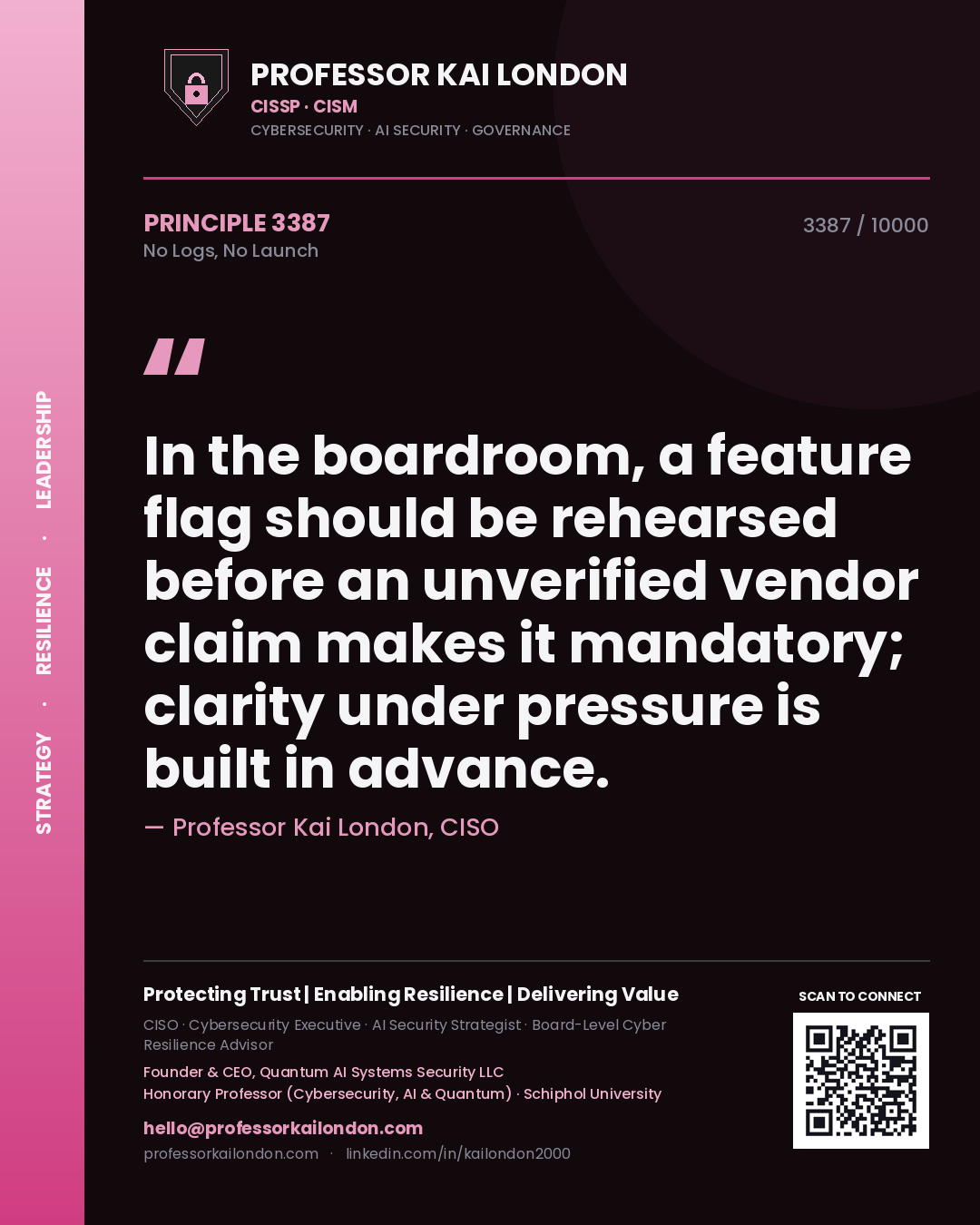 Professor Kai London principle 3387: In the boardroom, a feature flag should be rehearsed before an unverified vendor claim makes it mandatory; clarity under pressure is built in advance.