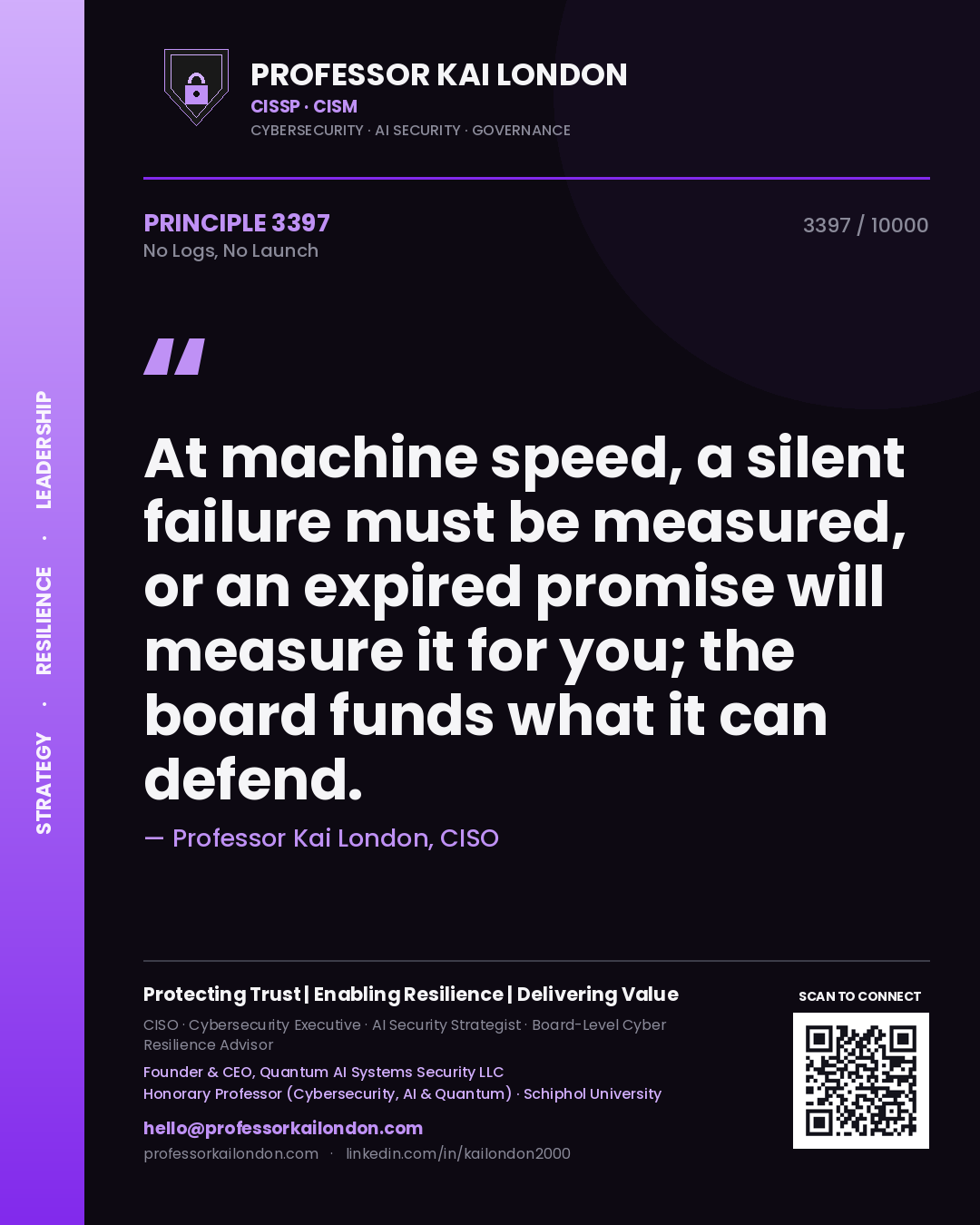 Quote card by Professor Kai London reading 'At machine speed, a silent failure must be measured, or an expired promise will measure it for you; the board funds what it can defend.'. From the book No Logs, No Launch.
