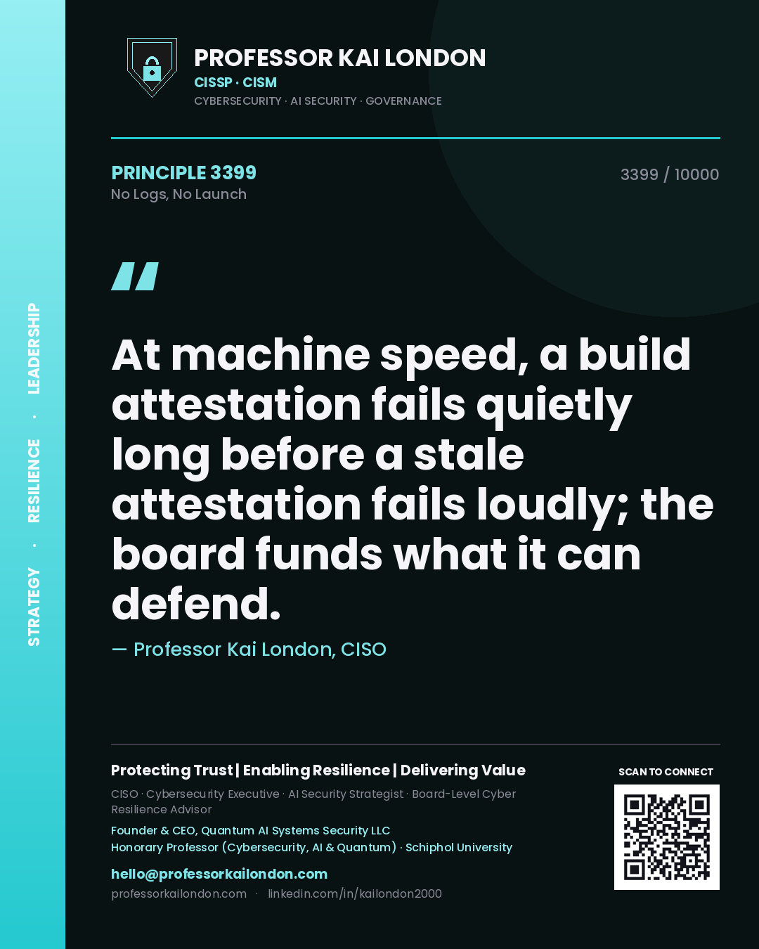 Quote card by Professor Kai London reading 'At machine speed, a build attestation fails quietly long before a stale attestation fails loudly; the board funds what it can defend.'. From the book No Logs, No Launch.