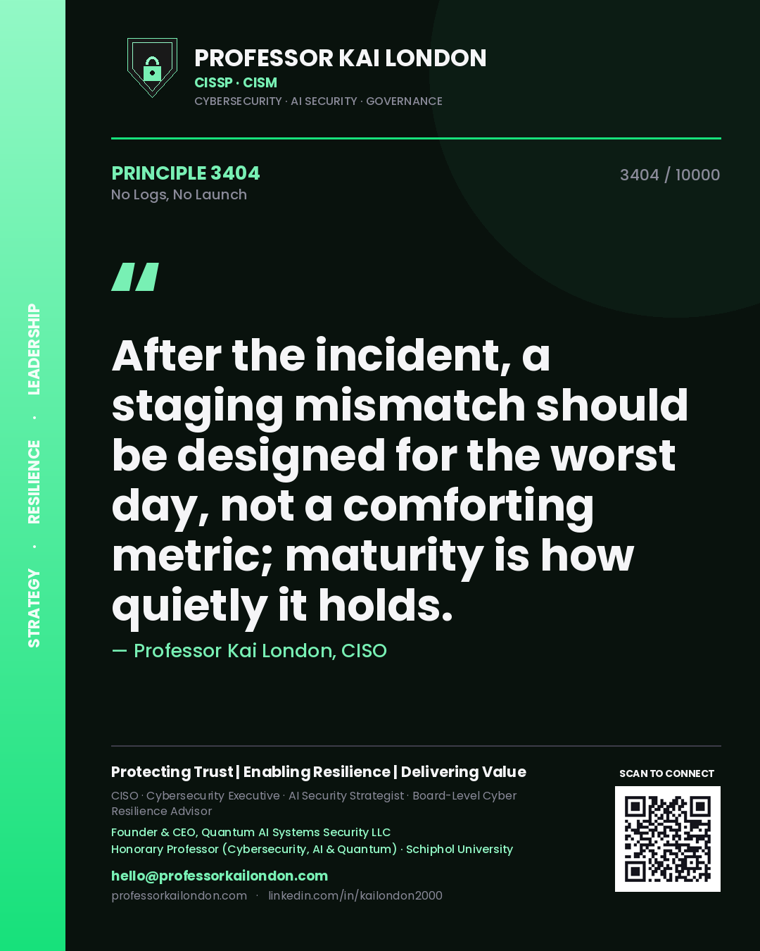 Professor Kai London principle 3404: After the incident, a staging mismatch should be designed for the worst day, not a comforting metric; maturity is how quietly it holds.