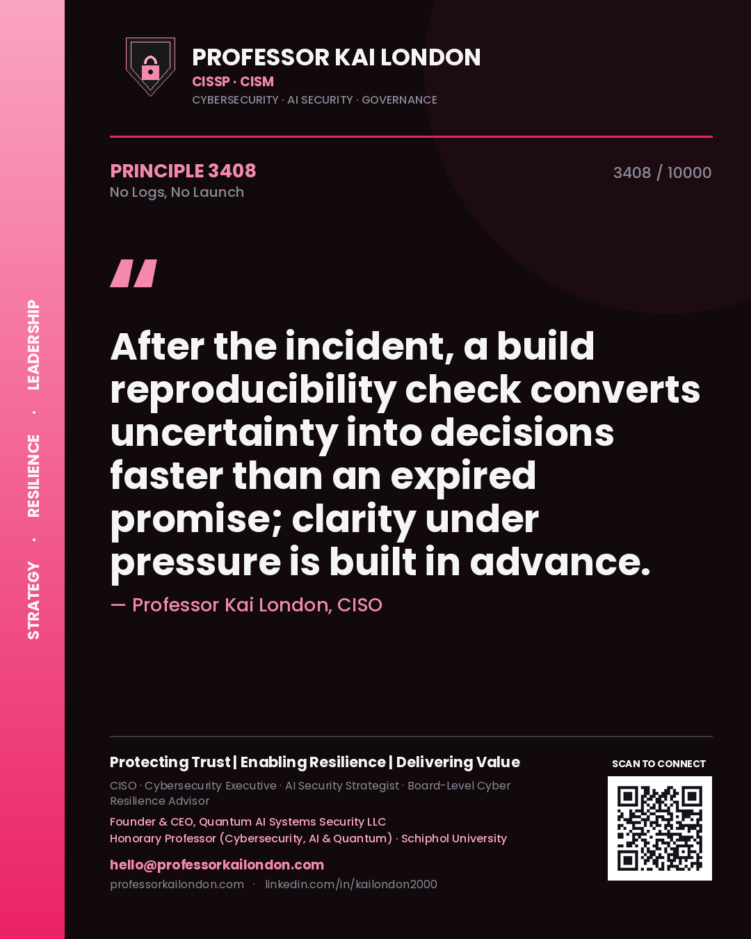 Quote card by Professor Kai London reading 'After the incident, a build reproducibility check converts uncertainty into decisions faster than an expired promise; clarity under pressure is built in advance.'. From the book No Logs, No Launch.
