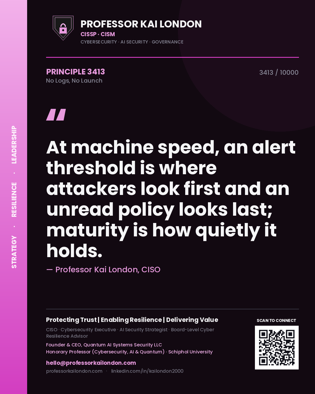 Professor Kai London principle 3413: At machine speed, an alert threshold is where attackers look first and an unread policy looks last; maturity is how quietly it holds.