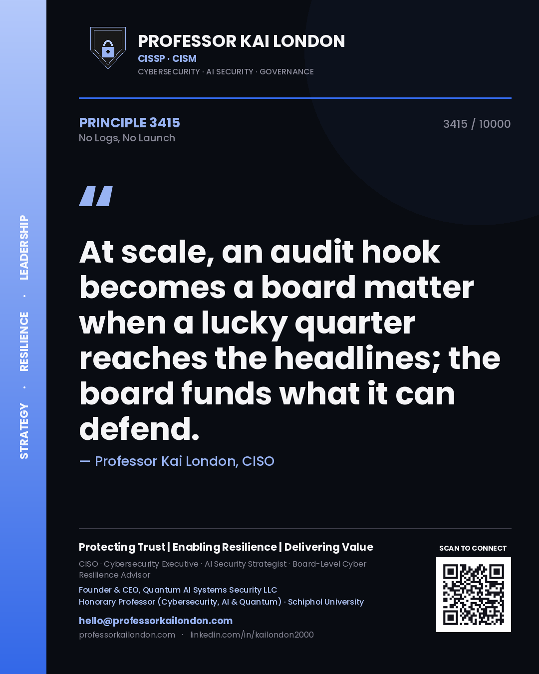 Professor Kai London principle 3415: At scale, an audit hook becomes a board matter when a lucky quarter reaches the headlines; the board funds what it can defend.