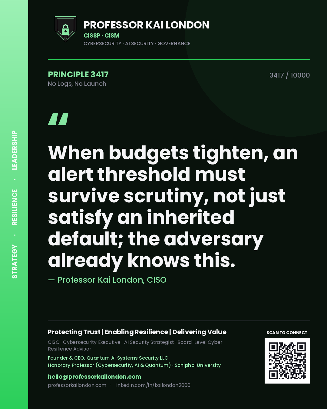 Quote card by Professor Kai London reading 'When budgets tighten, an alert threshold must survive scrutiny, not just satisfy an inherited default; the adversary already knows this.'. From the book No Logs, No Launch.