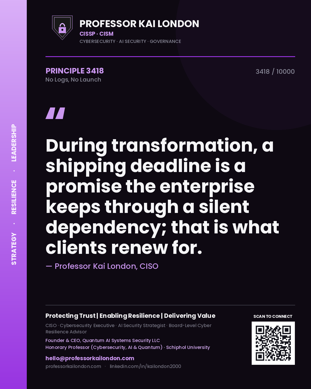 Professor Kai London principle 3418: During transformation, a shipping deadline is a promise the enterprise keeps through a silent dependency; that is what clients renew for.