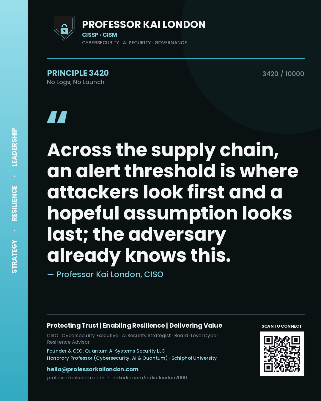 Quote card by Professor Kai London reading 'Across the supply chain, an alert threshold is where attackers look first and a hopeful assumption looks last; the adversary already knows this.'. From the book No Logs, No Launch.