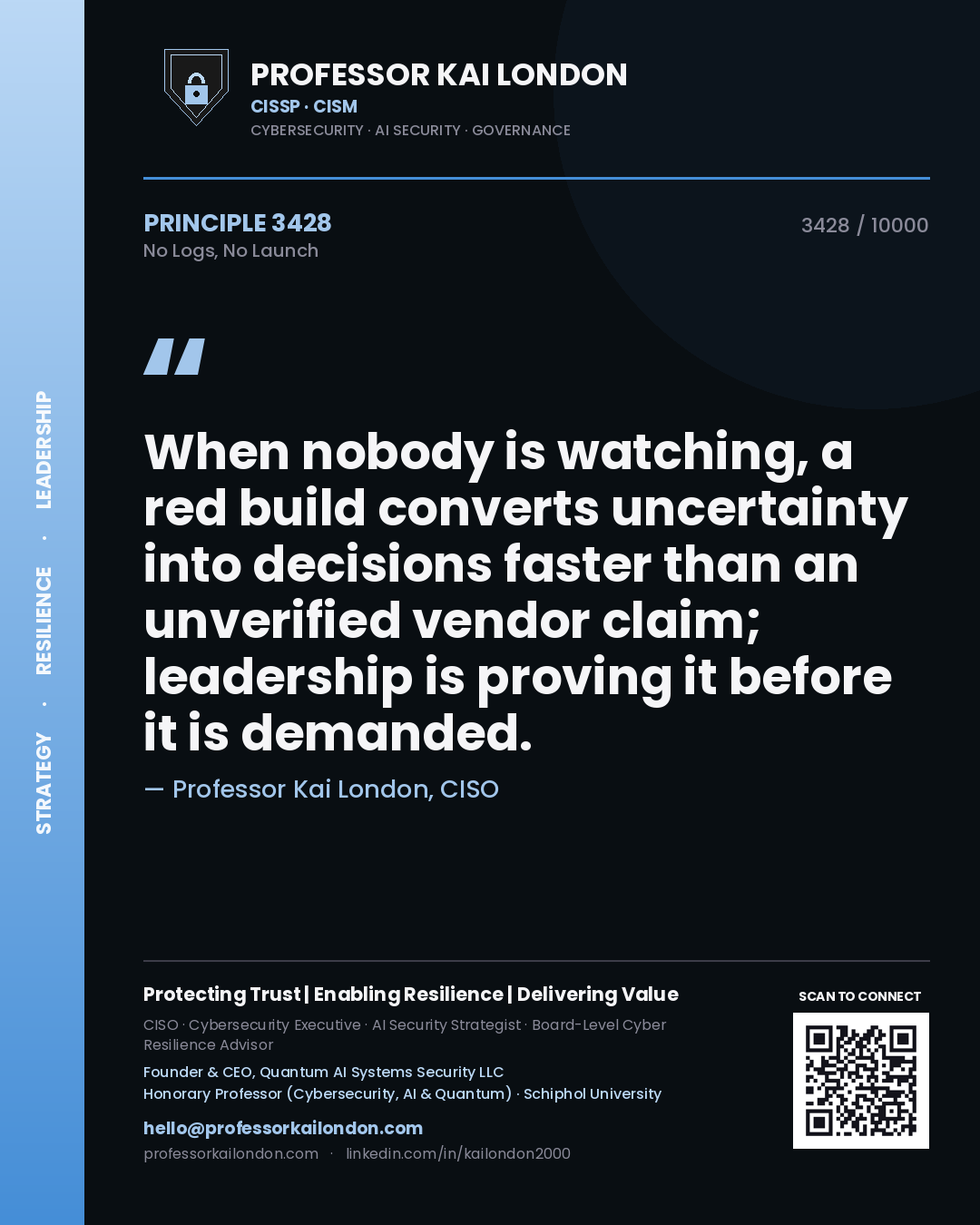 Professor Kai London principle 3428: When nobody is watching, a red build converts uncertainty into decisions faster than an unverified vendor claim; leadership is proving it before it is demanded.