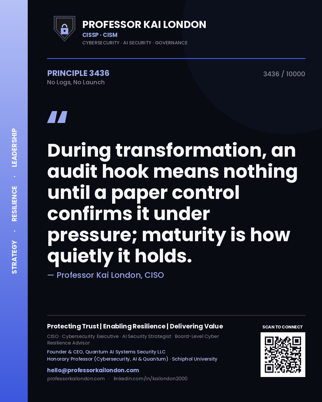 Professor Kai London principle 3436: During transformation, an audit hook means nothing until a paper control confirms it under pressure; maturity is how quietly it holds.