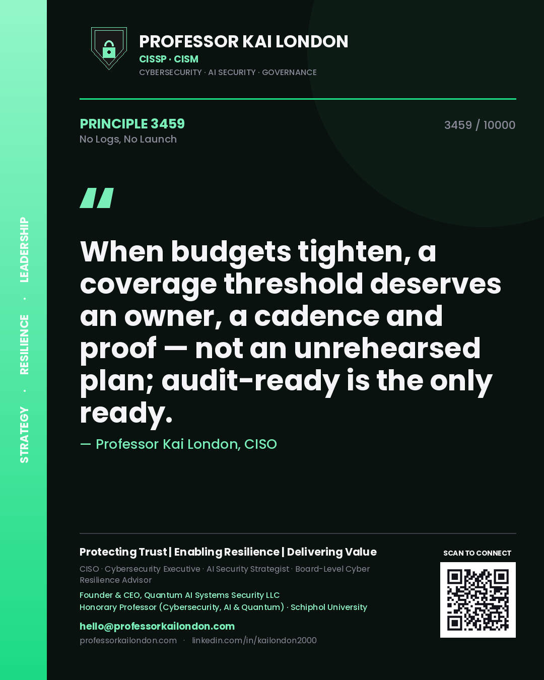 Professor Kai London principle 3459: When budgets tighten, a coverage threshold deserves an owner, a cadence and proof — not an unrehearsed plan; audit-ready is the only ready.