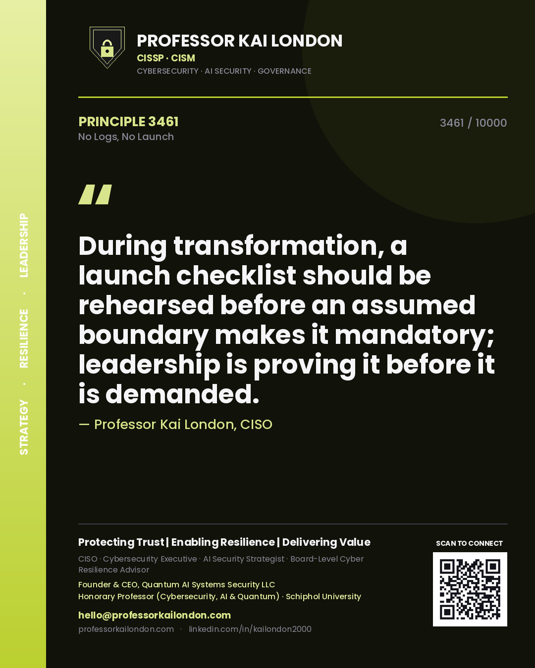 Professor Kai London principle 3461: During transformation, a launch checklist should be rehearsed before an assumed boundary makes it mandatory; leadership is proving it before it is demanded.