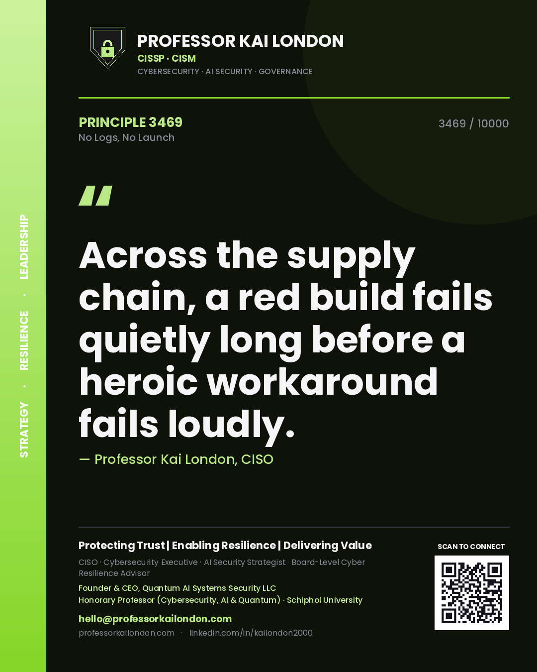 Professor Kai London principle 3469: Across the supply chain, a red build fails quietly long before a heroic workaround fails loudly.