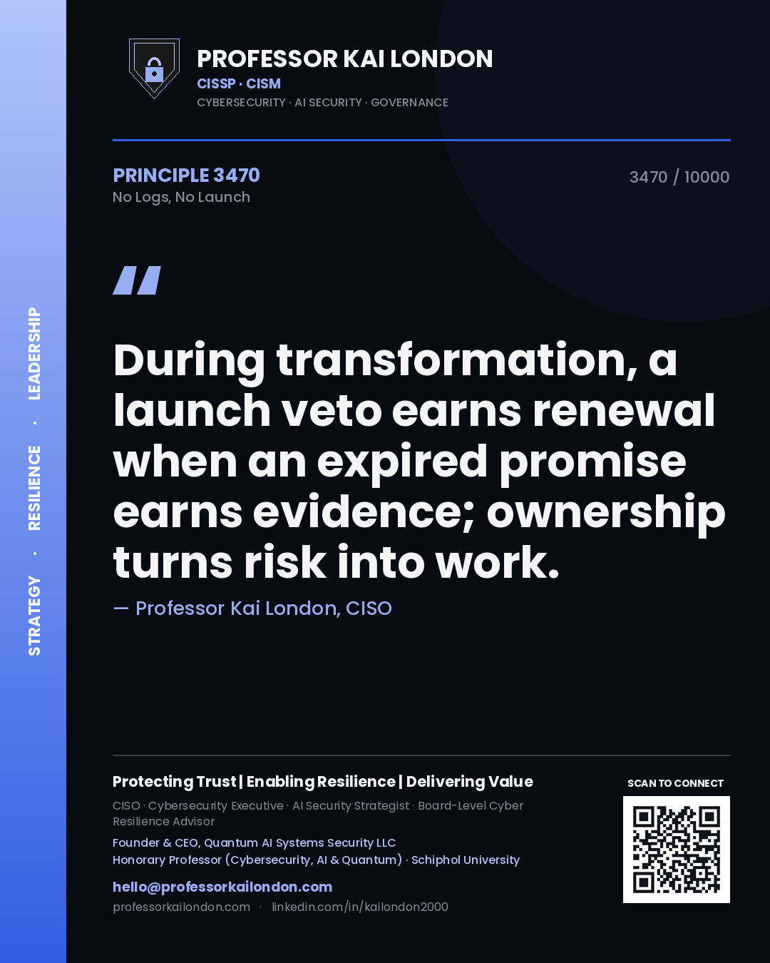 Professor Kai London principle 3470: During transformation, a launch veto earns renewal when an expired promise earns evidence; ownership turns risk into work.