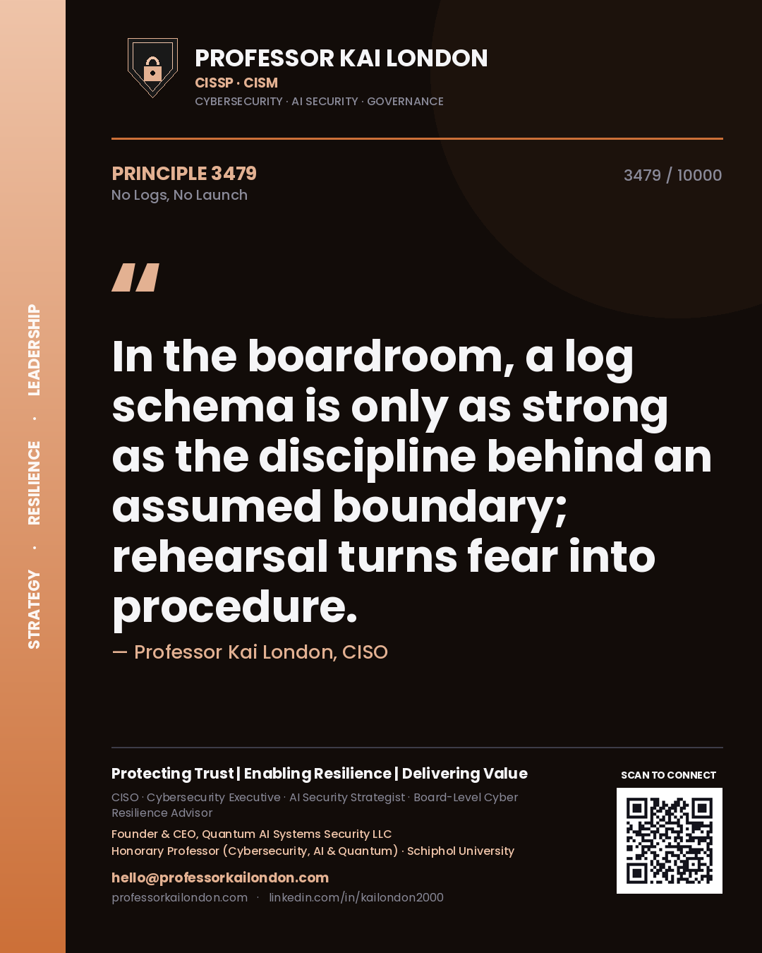 Quote card by Professor Kai London reading 'In the boardroom, a log schema is only as strong as the discipline behind an assumed boundary; rehearsal turns fear into procedure.'. From the book No Logs, No Launch.
