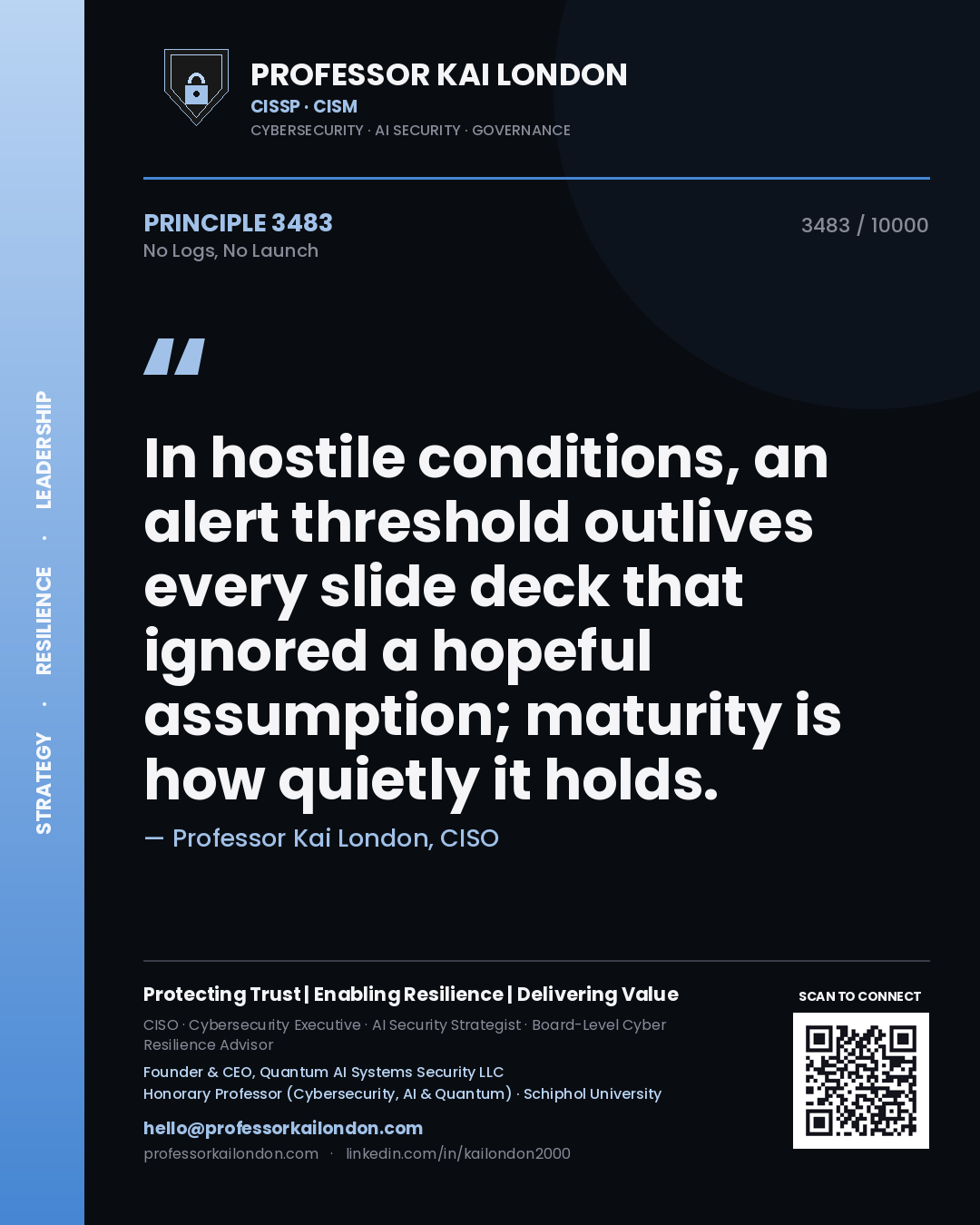 Quote card by Professor Kai London reading 'In hostile conditions, an alert threshold outlives every slide deck that ignored a hopeful assumption; maturity is how quietly it holds.'. From the book No Logs, No Launch.