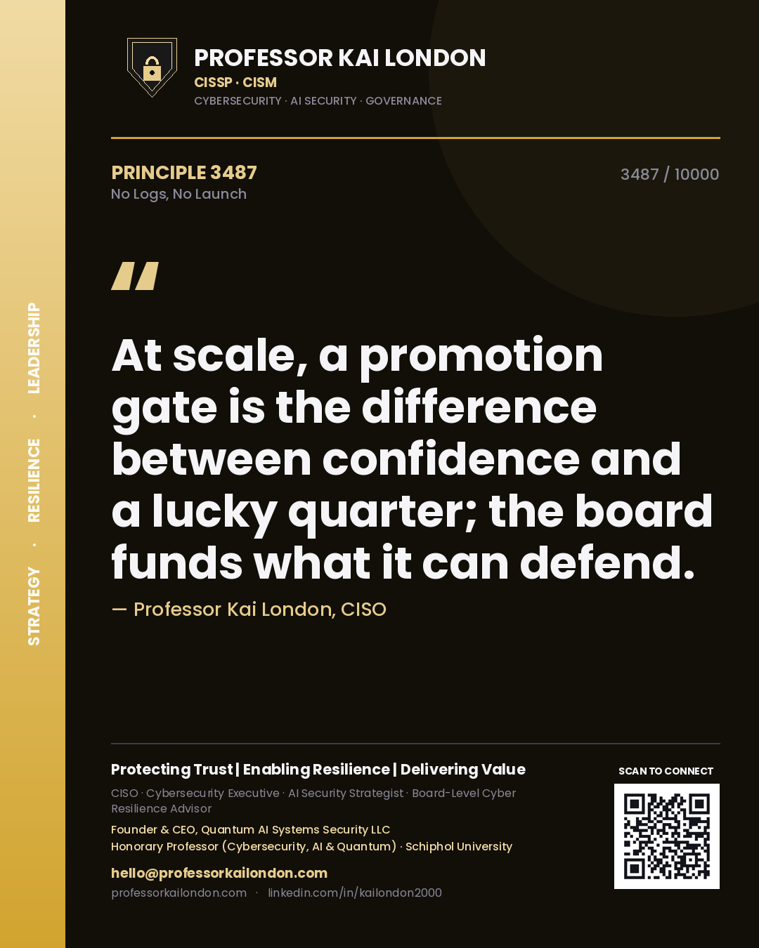Professor Kai London principle 3487: At scale, a promotion gate is the difference between confidence and a lucky quarter; the board funds what it can defend.